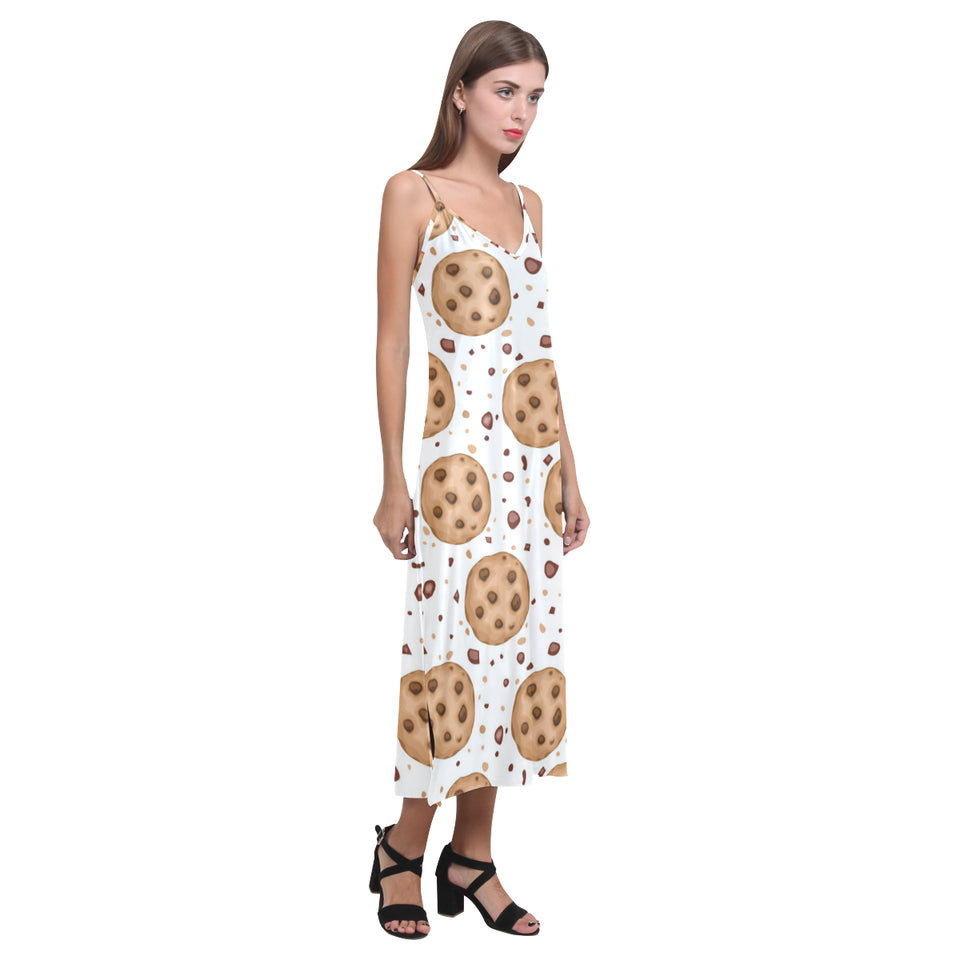 chocolate chip cookie pattern V-Neck Open Fork Long Dress