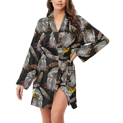 Eagle Pattern Print Design 05 Women's Long Sleeve Belted Night Robe