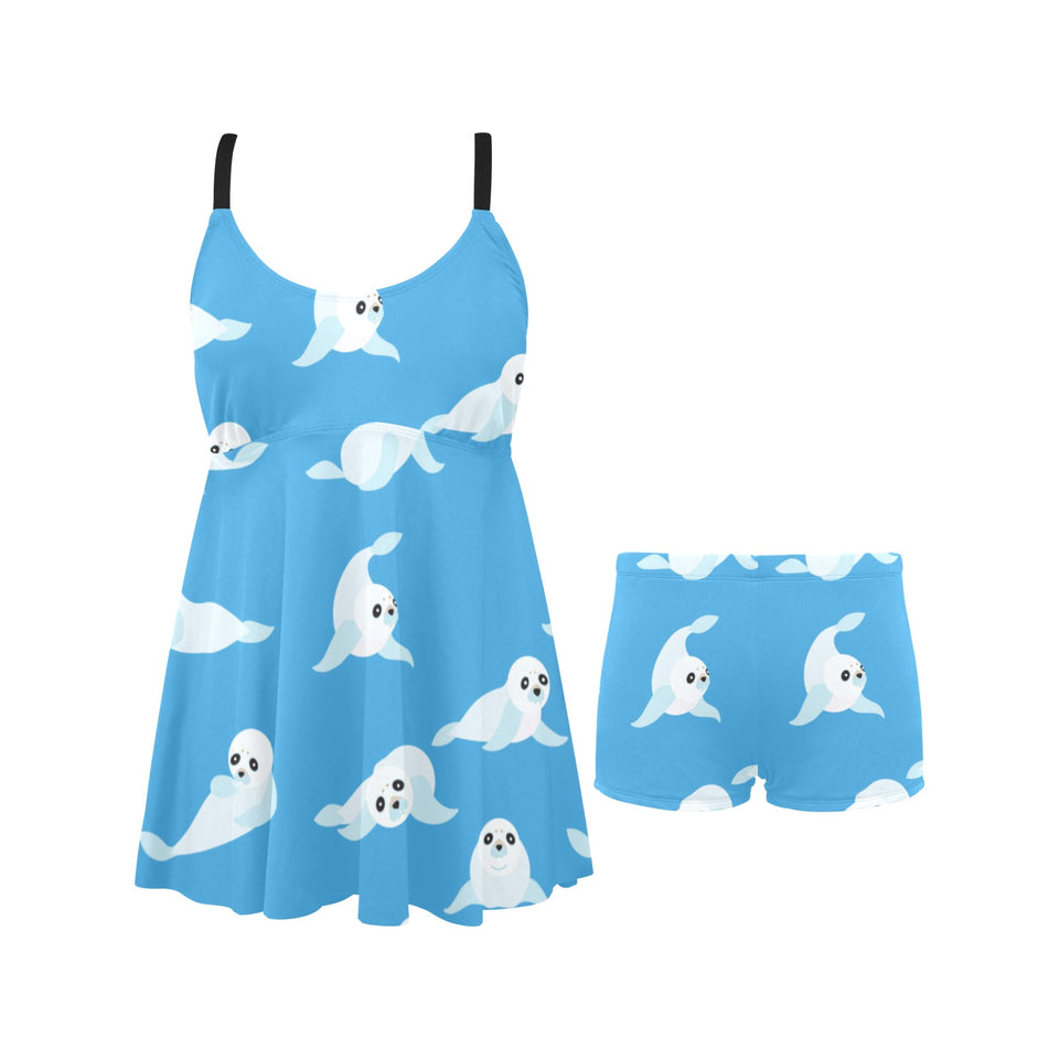 Cute sea lion seal pattern background Chest Sexy Pleated Two Piece Swim Dress