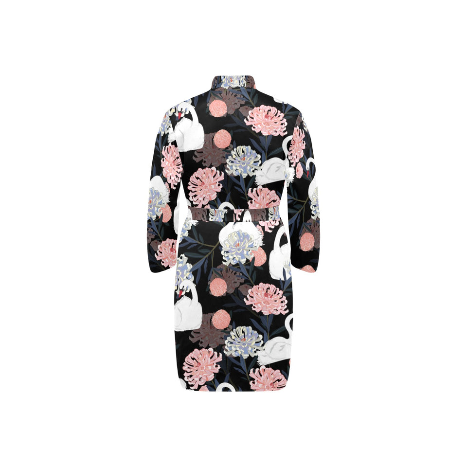white swan blooming flower pattern Men's Long Sleeve Belted Night Robe