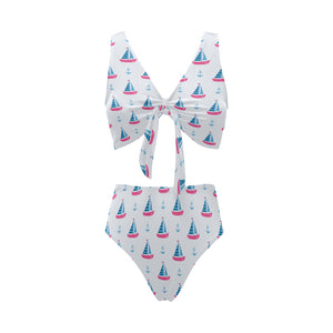 Sailboat anchor pattern Chest Bowknot High Waisted Bikini Swimsuit