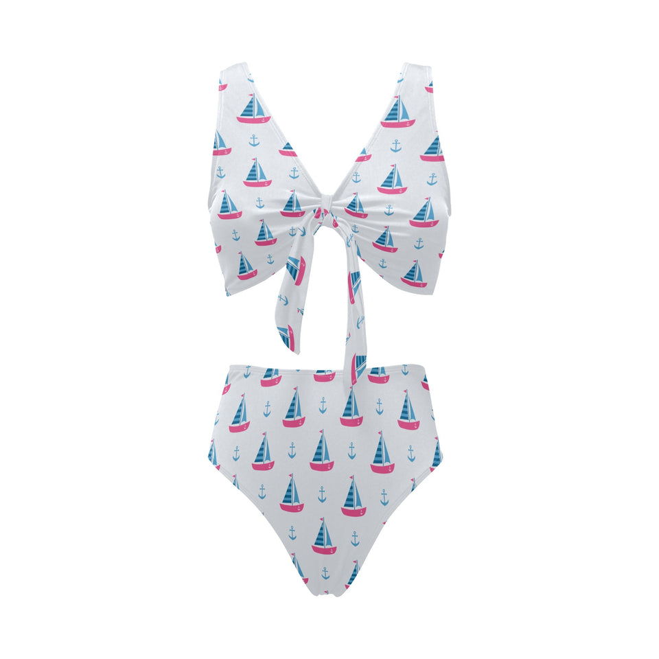 Sailboat anchor pattern Chest Bowknot High Waisted Bikini Swimsuit