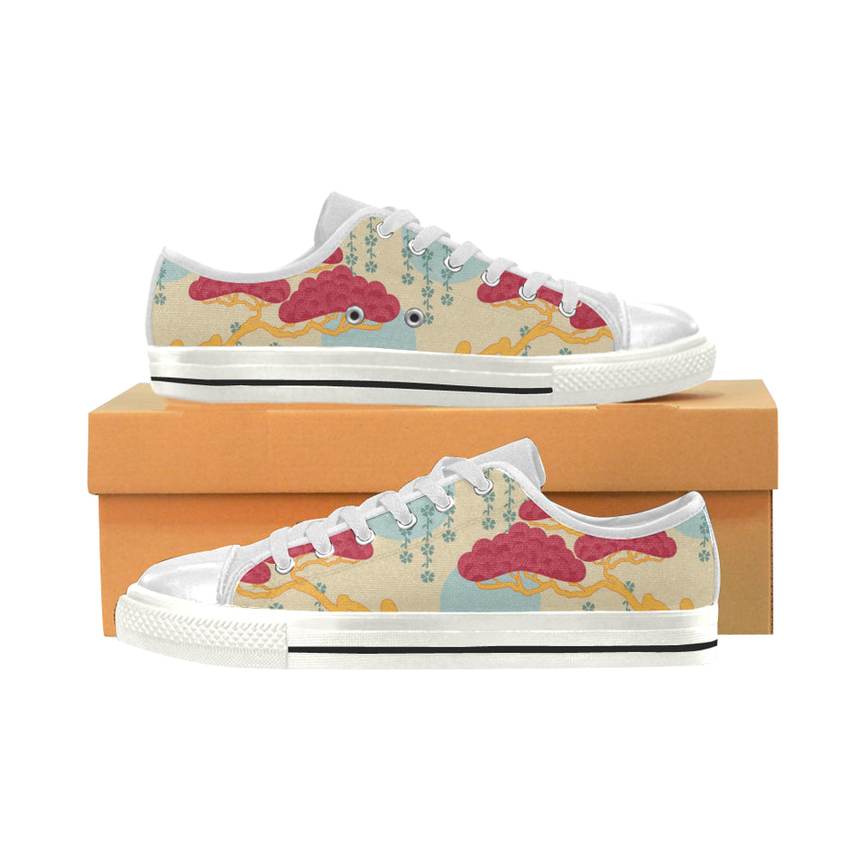 Red Bonsai gray sun japanese pattern Women's Low Top Canvas Shoes White