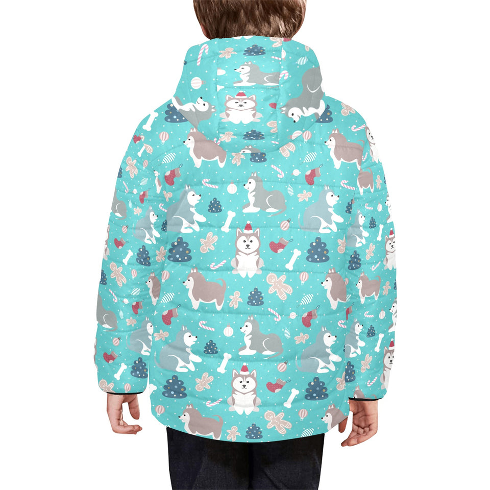 Christmas cute siberian husky puppie pattern Kids' Boys' Girls' Padded Hooded Jacket