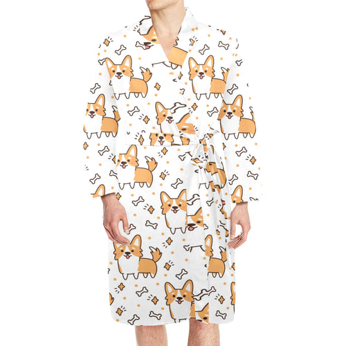 Cute corgi heart star bone pattern Men's Long Sleeve Belted Night Robe