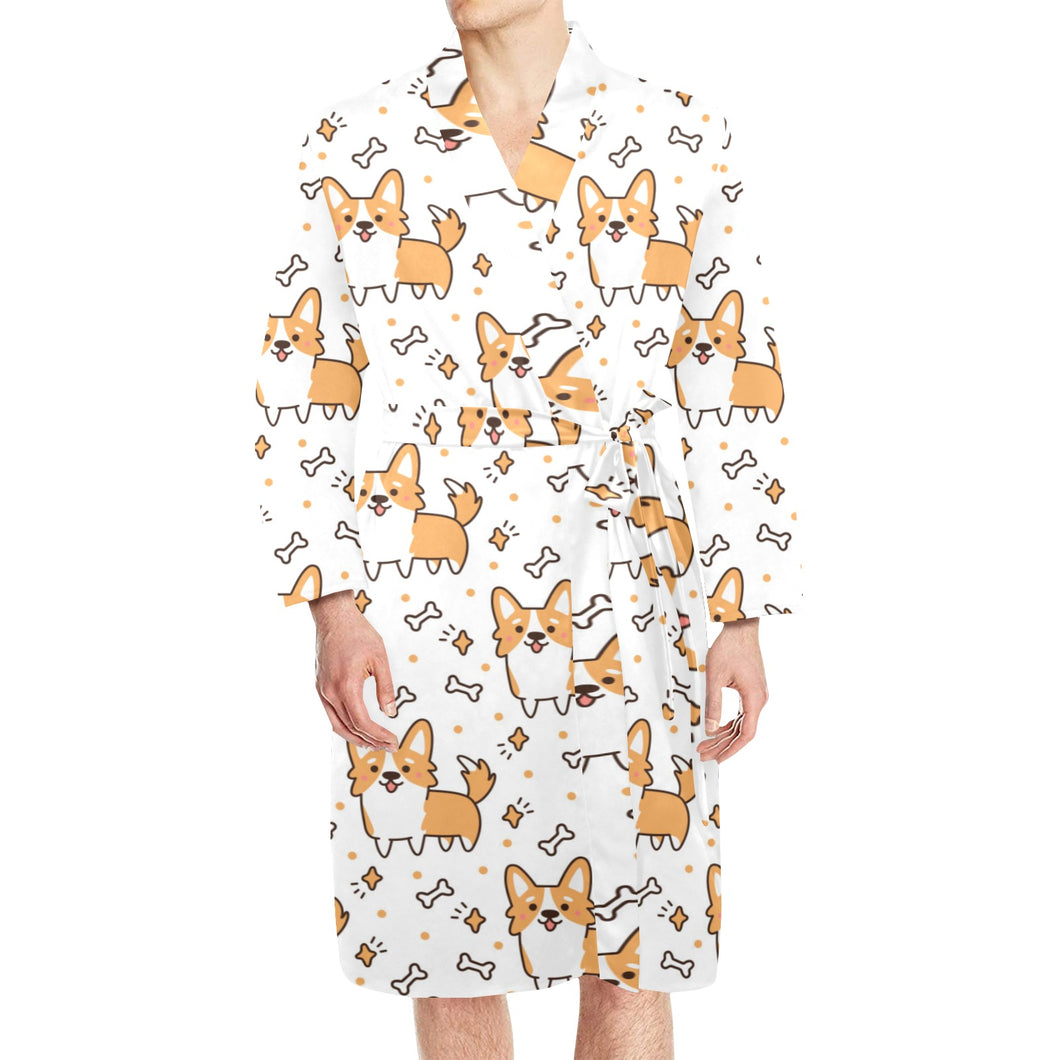 Cute corgi heart star bone pattern Men's Long Sleeve Belted Night Robe