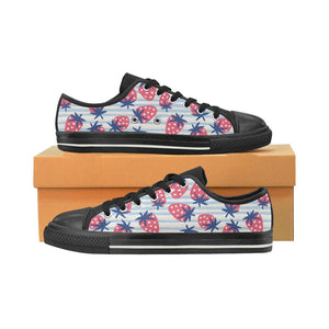 Strawberry pattern blue lines background Kids' Boys' Girls' Low Top Canvas Shoes Black