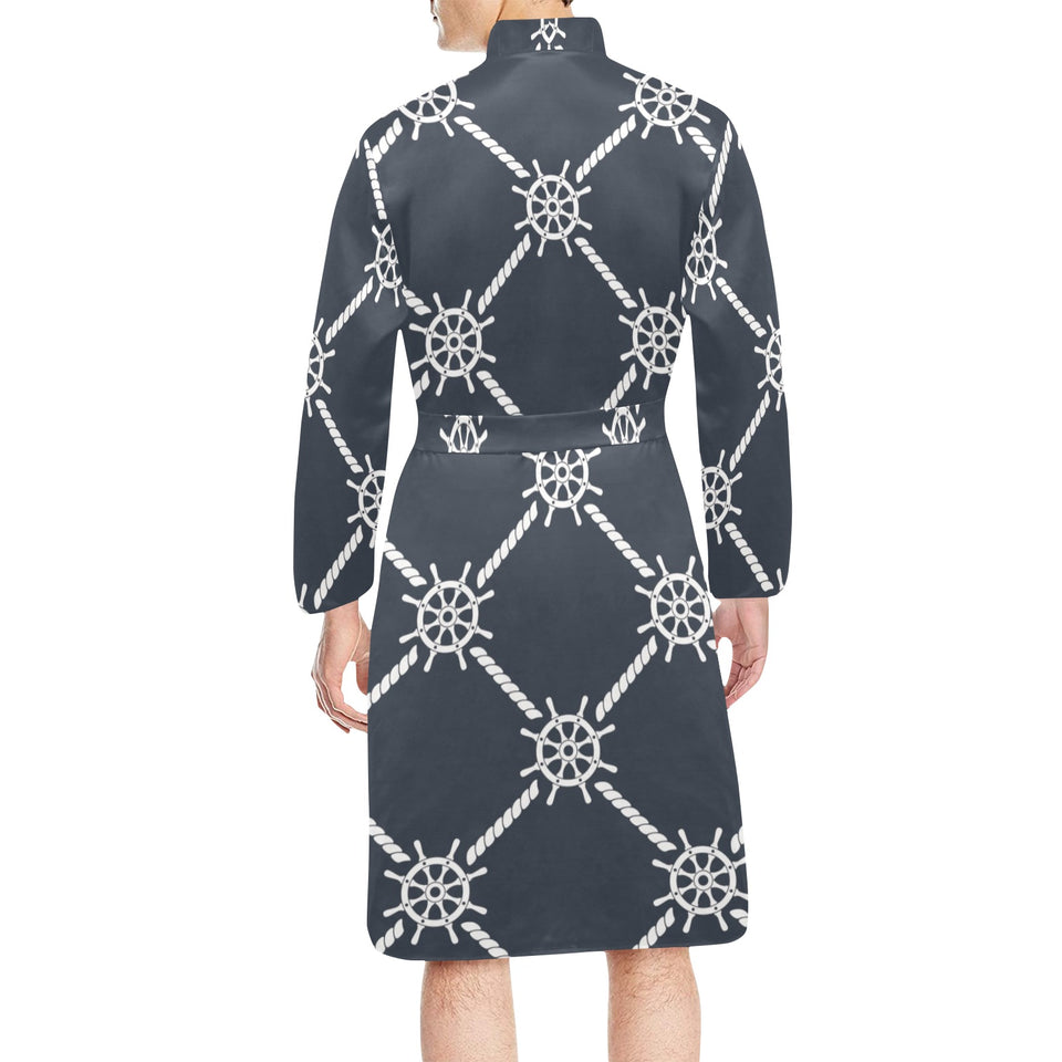 nautical steering wheel rope pattern Men's Long Sleeve Belted Night Robe