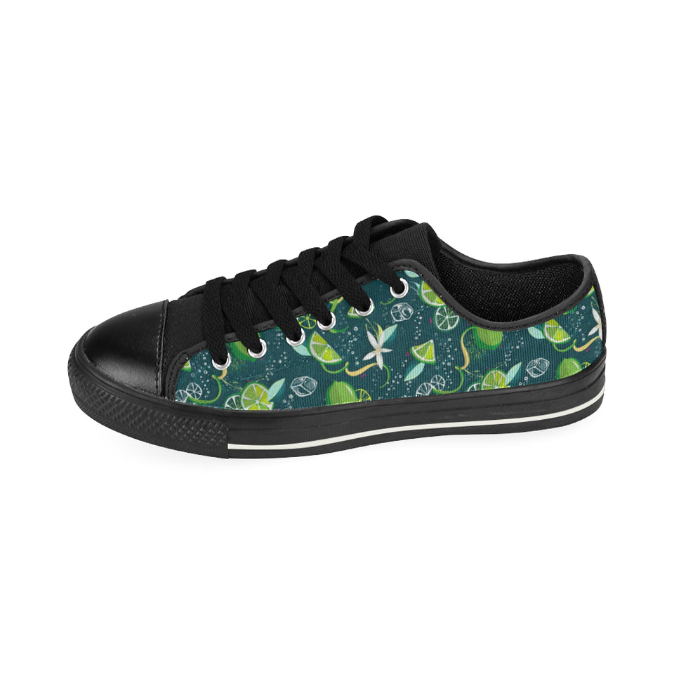 Lime ice flower pattern Men's Low Top Canvas Shoes Black