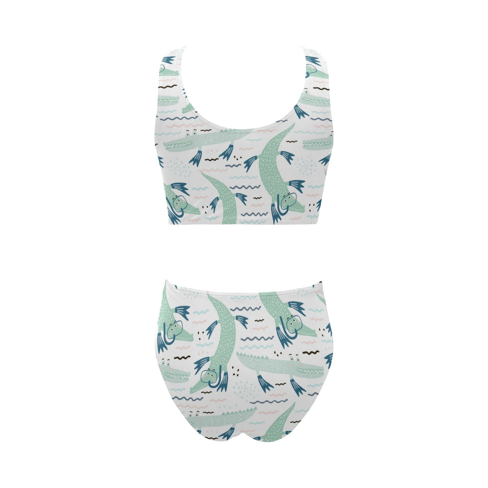 Crocodile diver pattern Chest Bowknot High Waisted Bikini Swimsuit