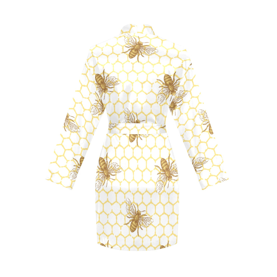 Bee honeycomb seamless design pattern Women's Long Sleeve Belted Night Robe
