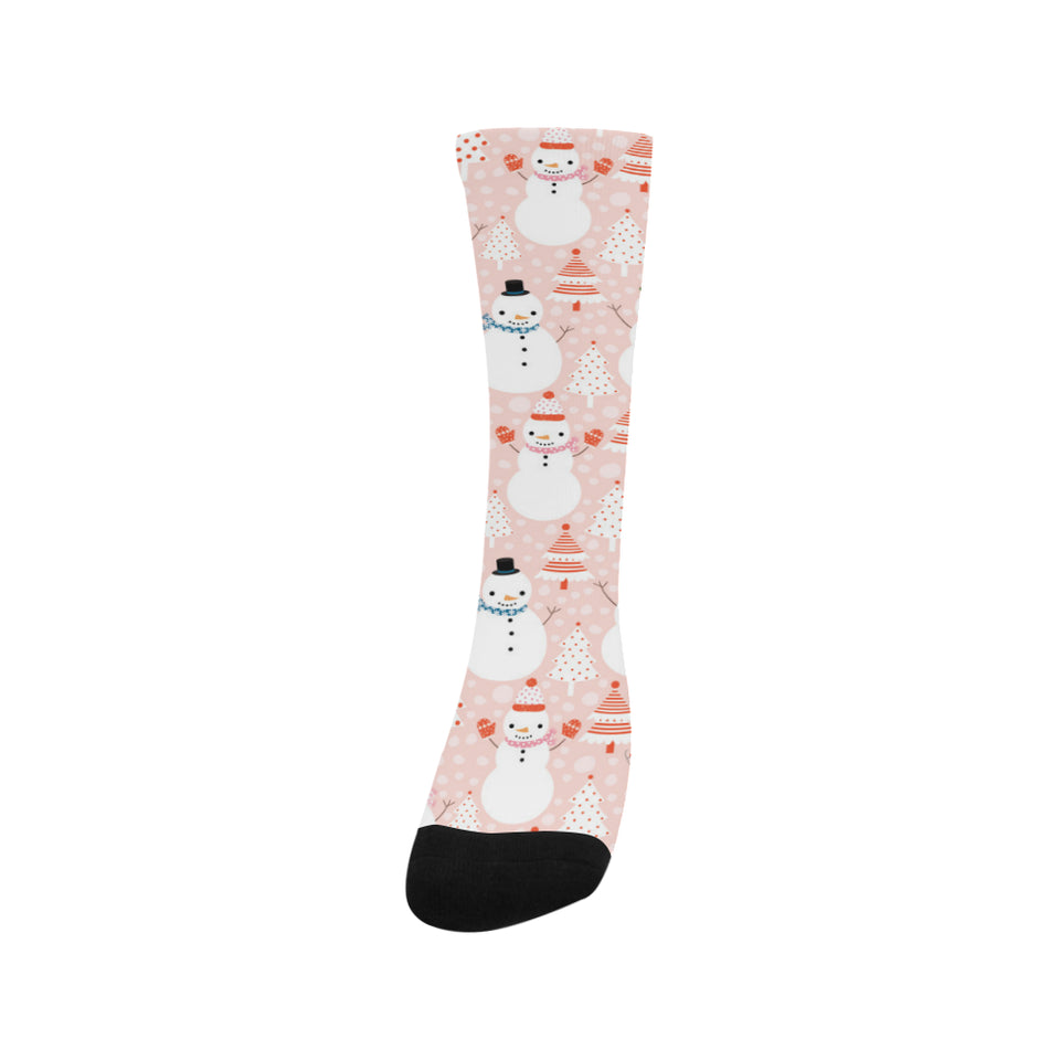 Cute snowman christmas tree snowpink background Crew Socks