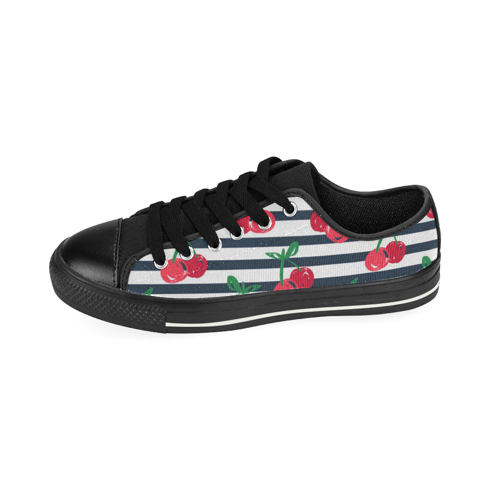 Hand drawn cherry pattern striped background Men's Low Top Canvas Shoes Black