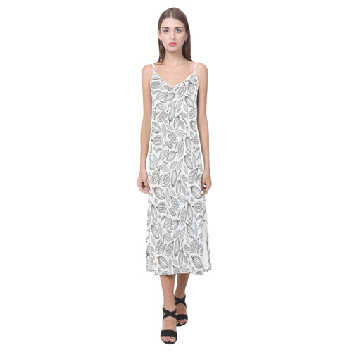 cacao beans leaves pattern V-Neck Open Fork Long Dress