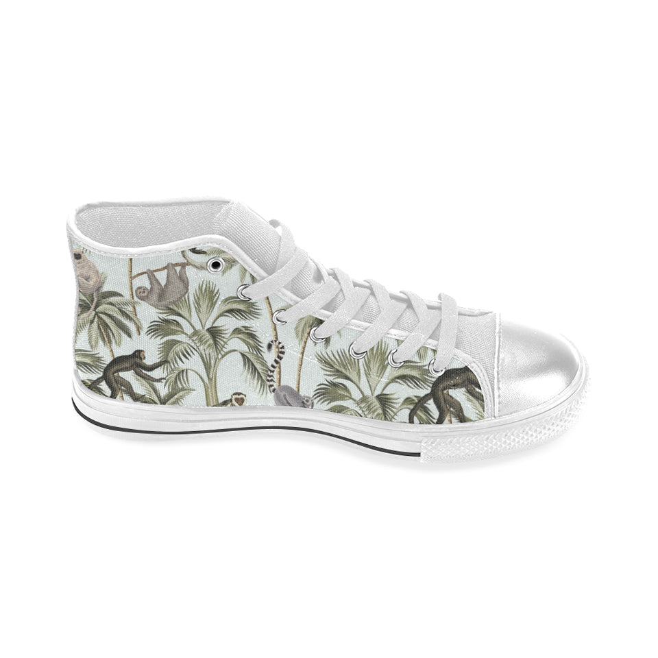 Monkey sloth lemur palm trees pattern Women's High Top Canvas Shoes White