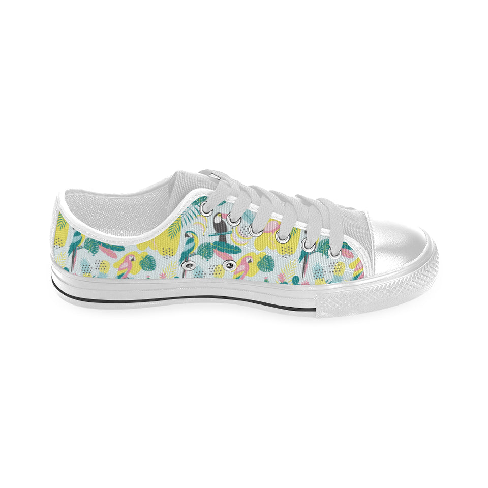 Cute parrot toucan flamingo cactus exotic leaves p Men's Low Top Shoes White