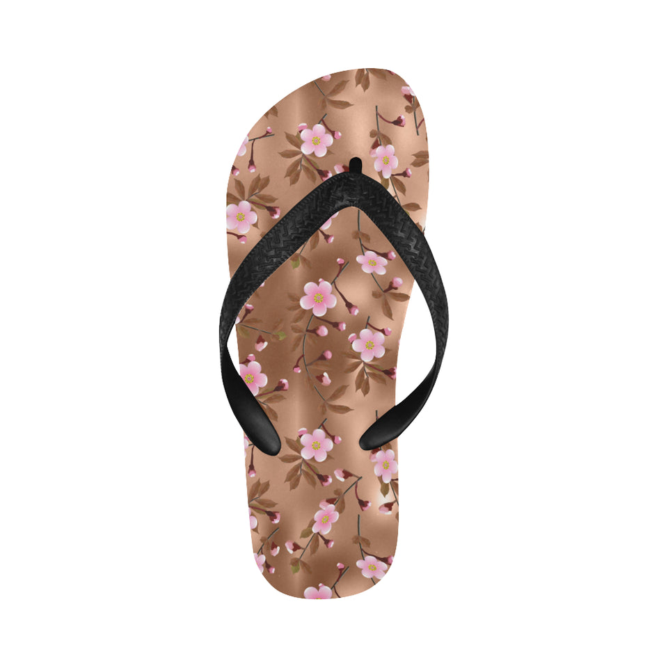 Pink sakura cherry blossom drak brown background Unisex Flip Flops