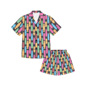 Skate Board Pattern Print Design 02 Kids' Boys' Girls' V-Neck Short Pajama Set