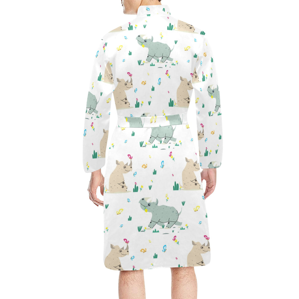 Cute Rhino pattern Men's Long Sleeve Belted Night Robe