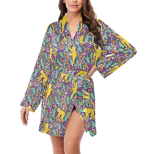 Cute yellow monkey leaves pattern Women's Long Sleeve Belted Night Robe