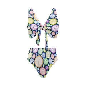 Colorful clock background Chest Bowknot High Waisted Bikini Swimsuit