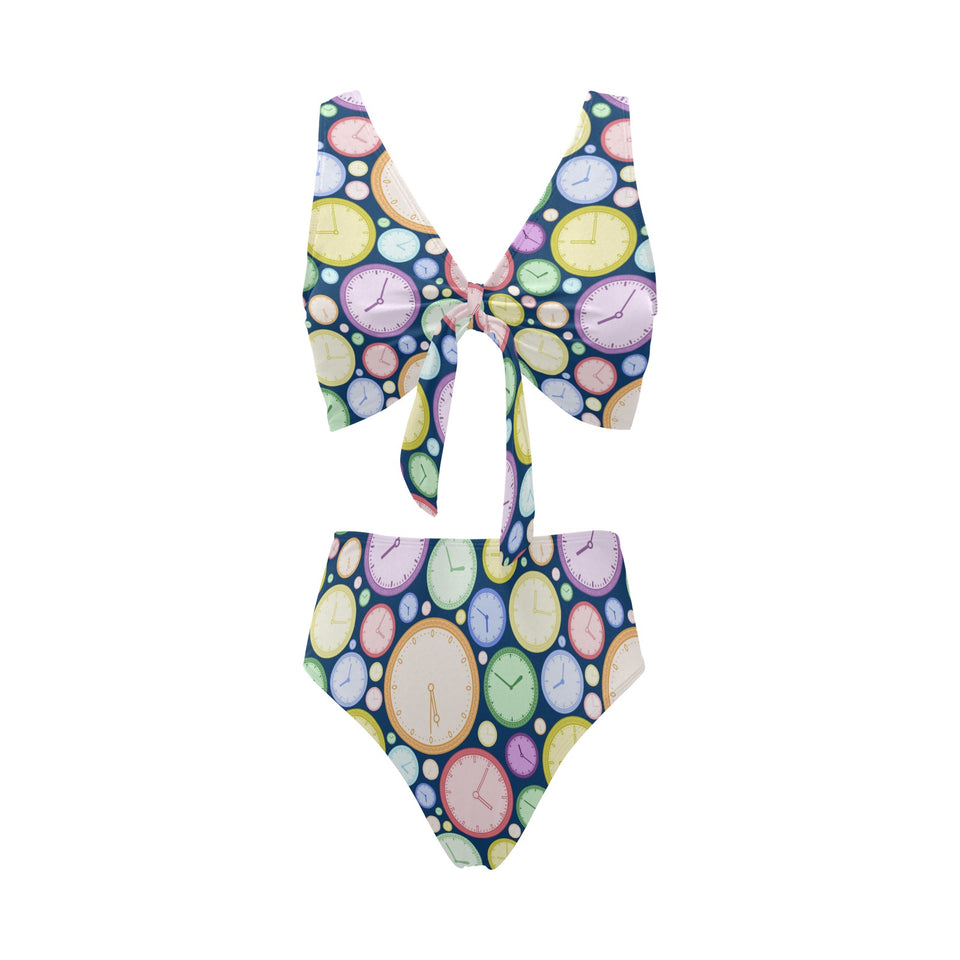 Colorful clock background Chest Bowknot High Waisted Bikini Swimsuit