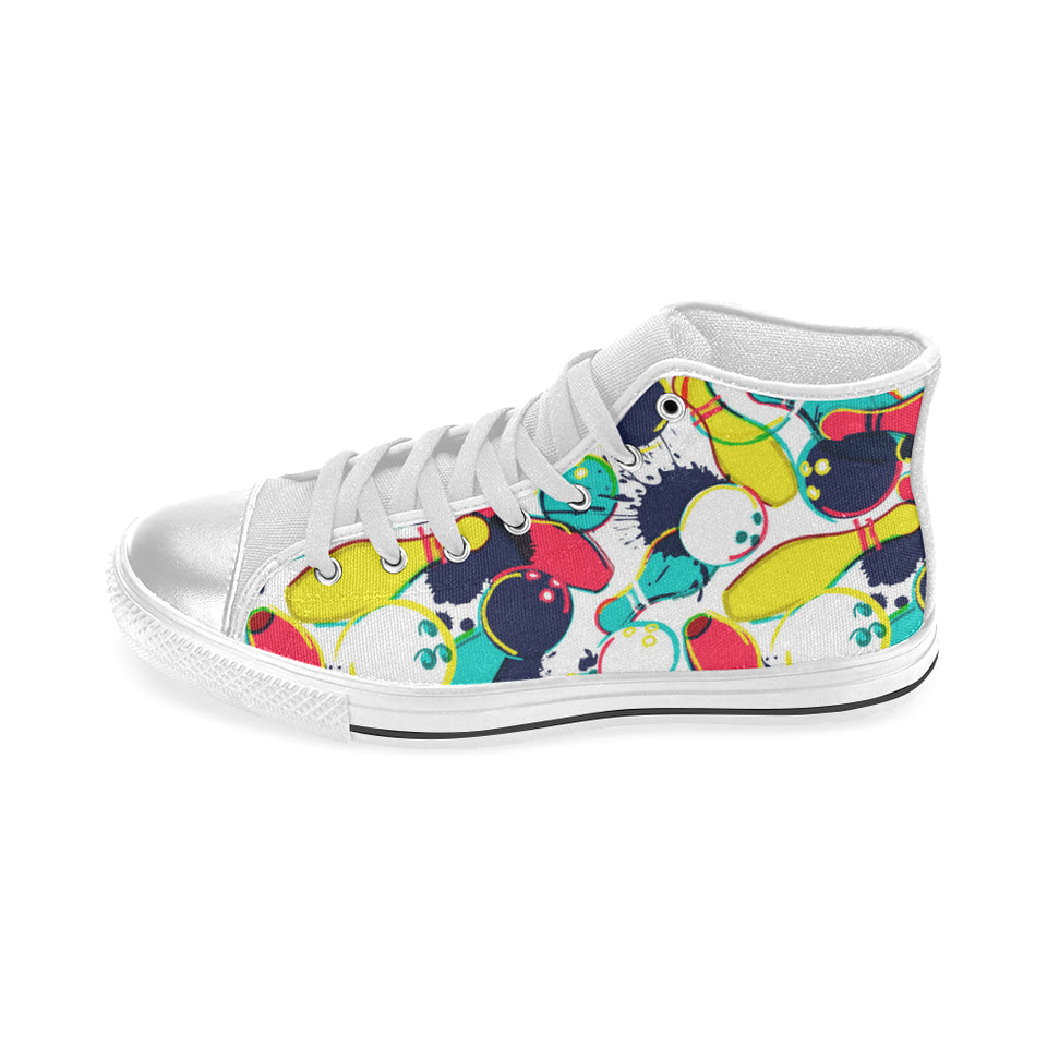 watercolor bowling ball pins Women's High Top Canvas Shoes White