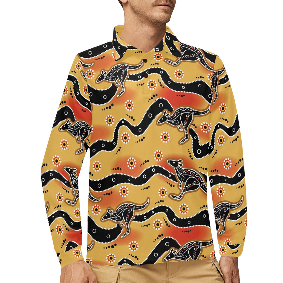 Kangaroo Australian aboriginal art pattern Men's Long Sleeve Polo Shirt