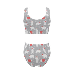 Cute polar bear christmas snow pattern Chest Bowknot High Waisted Bikini Swimsuit