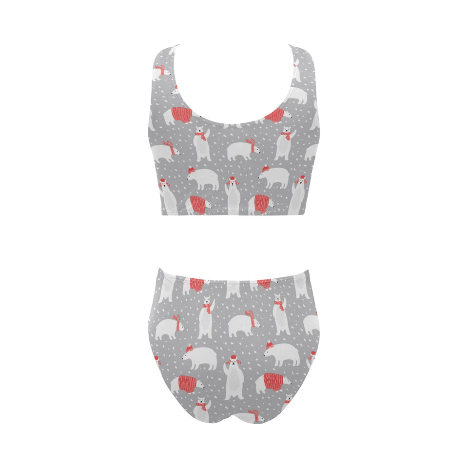 Cute polar bear christmas snow pattern Chest Bowknot High Waisted Bikini Swimsuit