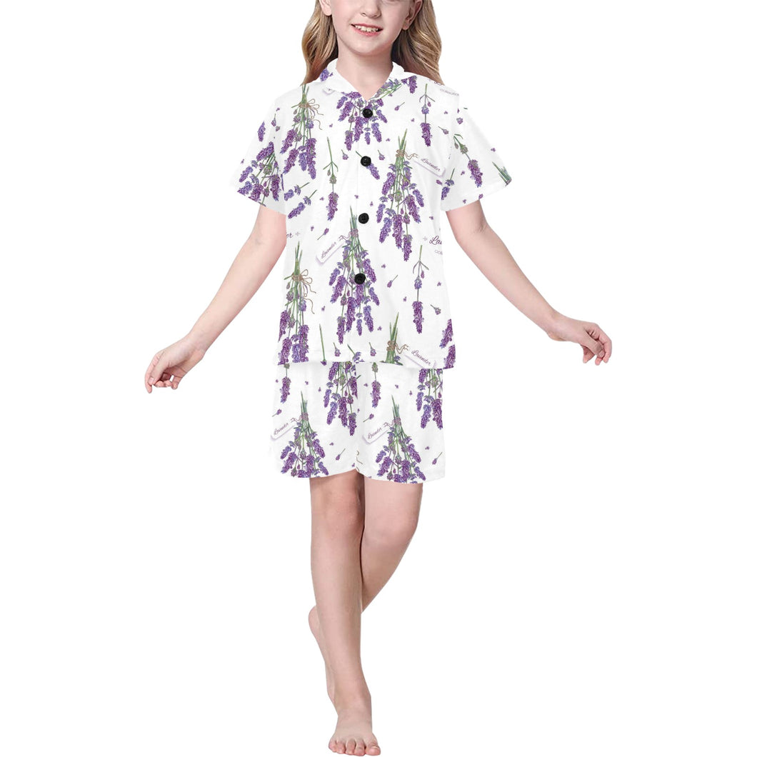 lavender flower design pattern Kids' Boys' Girls' V-Neck Short Pajama Set