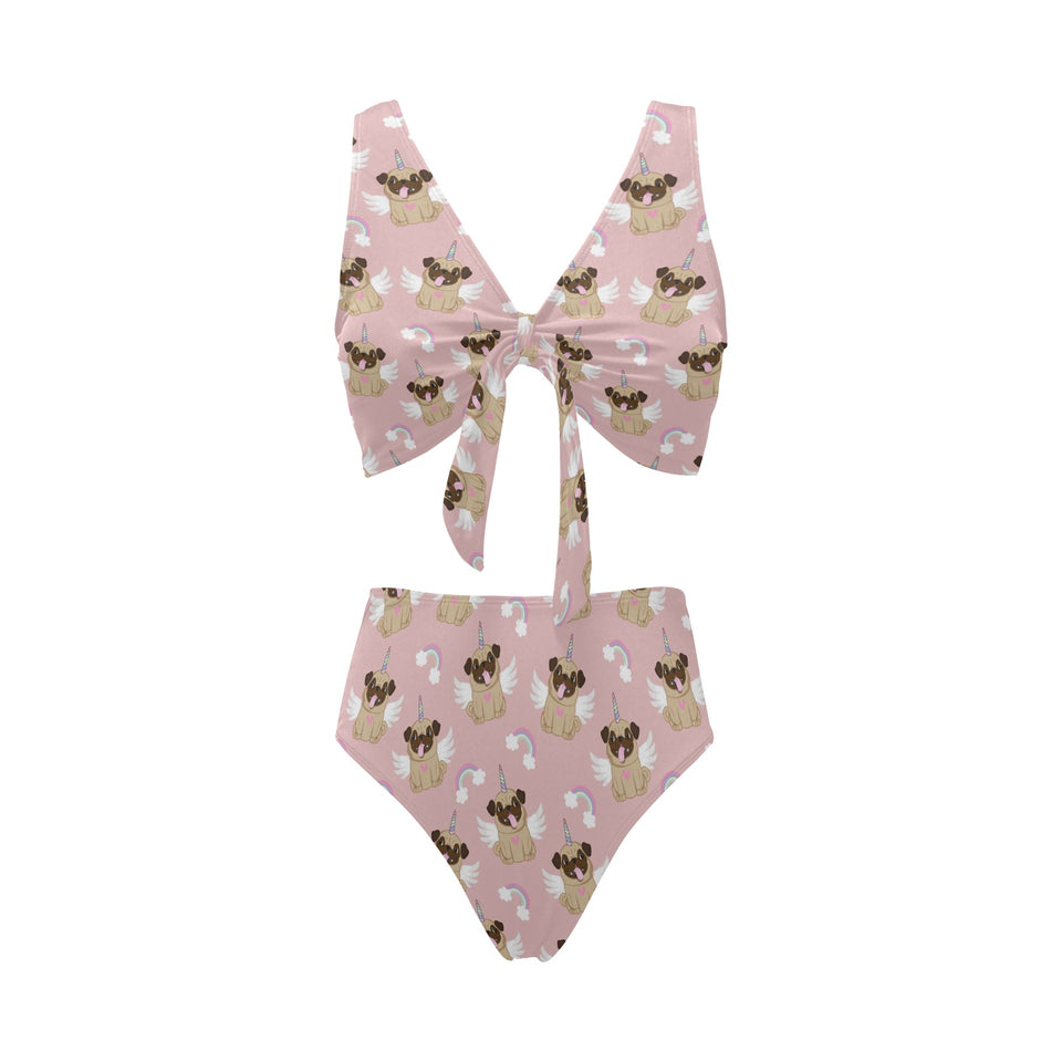 Cute unicorn pug pattern Chest Bowknot High Waisted Bikini Swimsuit