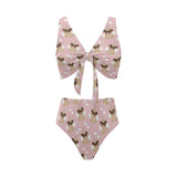 Cute unicorn pug pattern Chest Bowknot High Waisted Bikini Swimsuit
