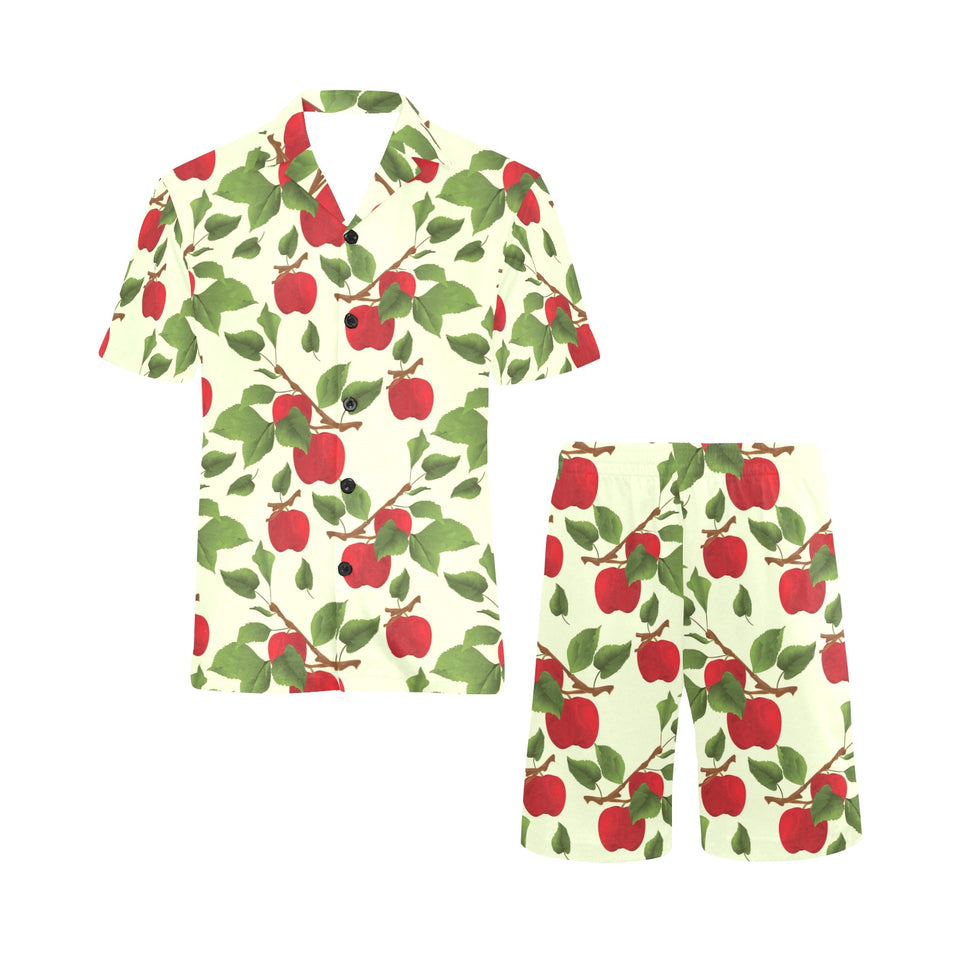 Red apples leaves pattern Men's V-Neck Short Pajama Set