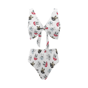 French bulldog cup paw pattern Chest Bowknot High Waisted Bikini Swimsuit