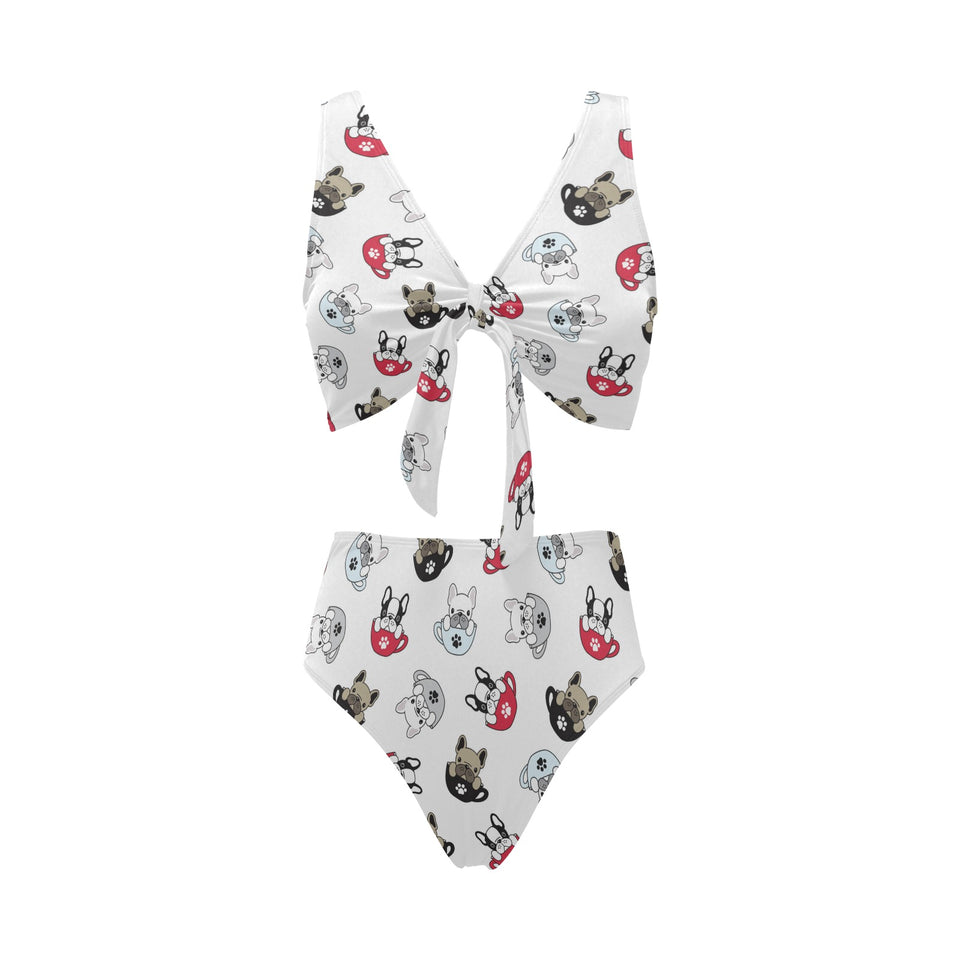 French bulldog cup paw pattern Chest Bowknot High Waisted Bikini Swimsuit