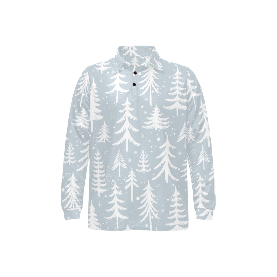 Christmas tree winter forest pattern Men's Long Sleeve Polo Shirt