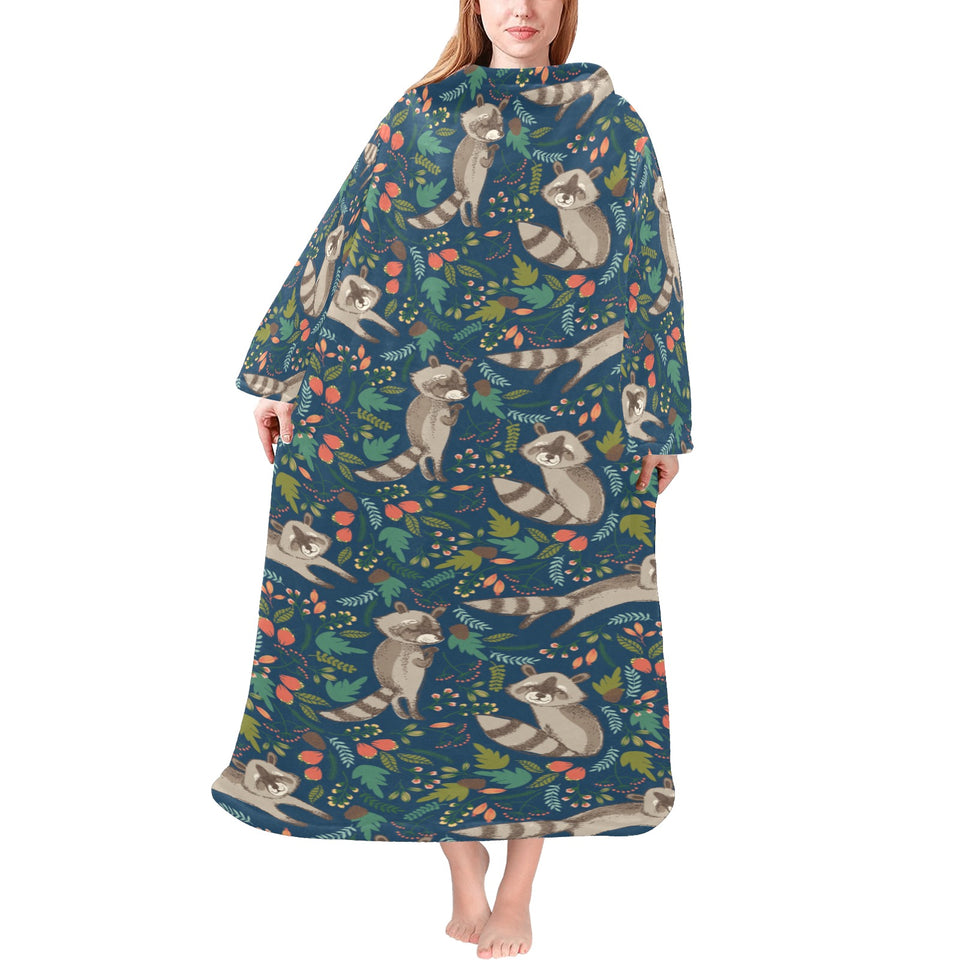 Raccoon tropical leaves pattern Blanket Robe with Sleeves