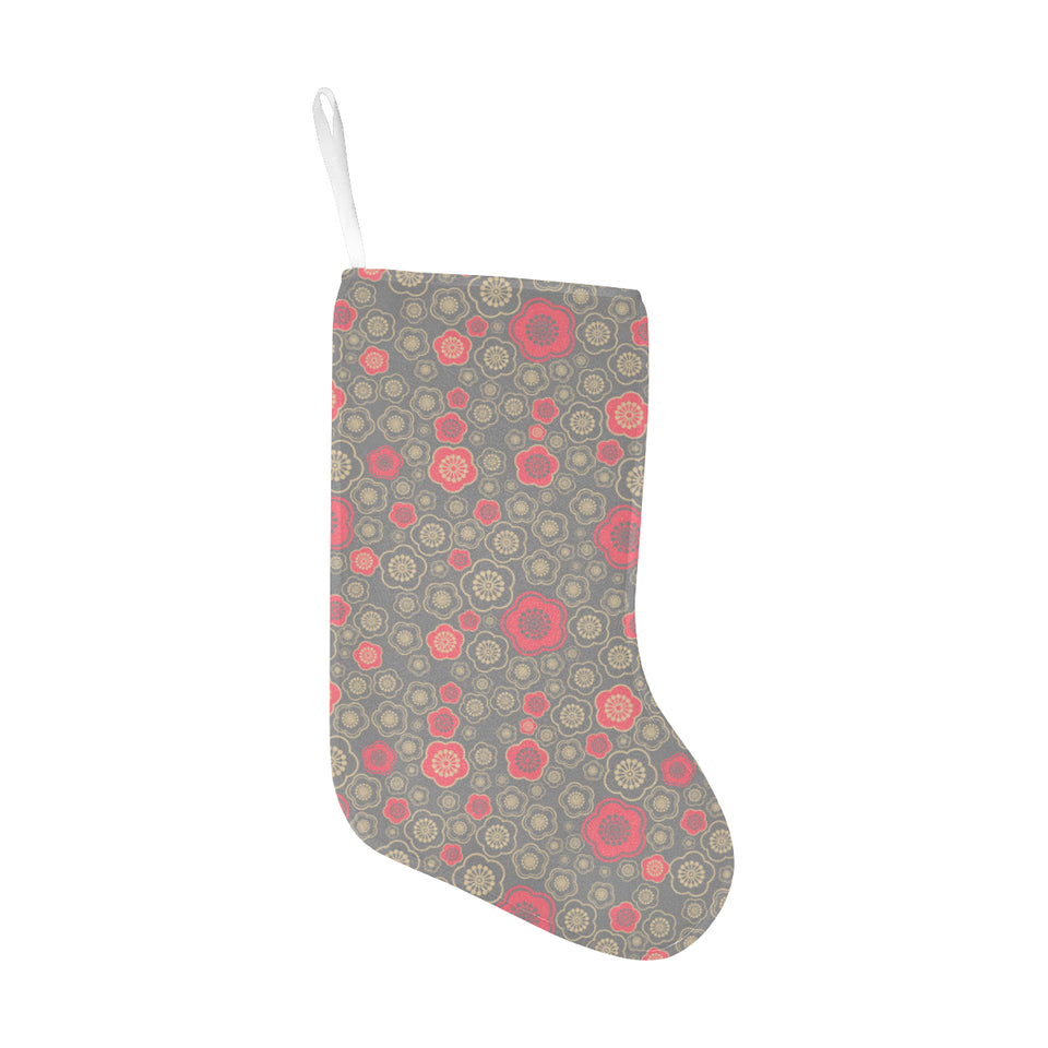 Red gold Sakura cherry blossom gray background Christmas Stocking