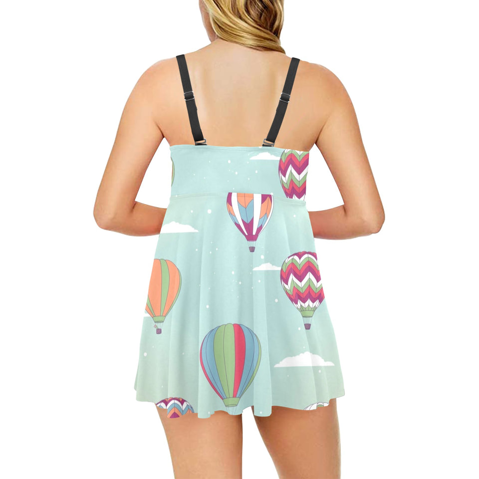 Hot Air Balloon design Pattern Chest Sexy Pleated Two Piece Swim Dress
