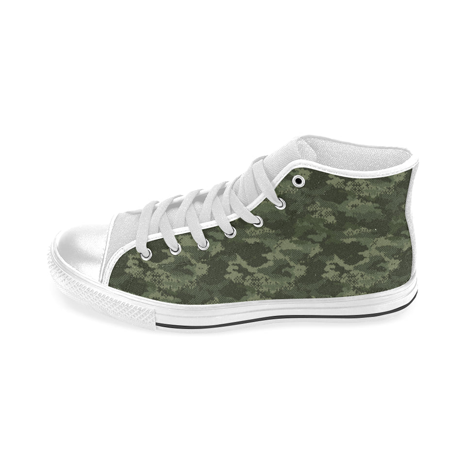 Digital Green camouflage pattern Men's High Top Canvas Shoes White