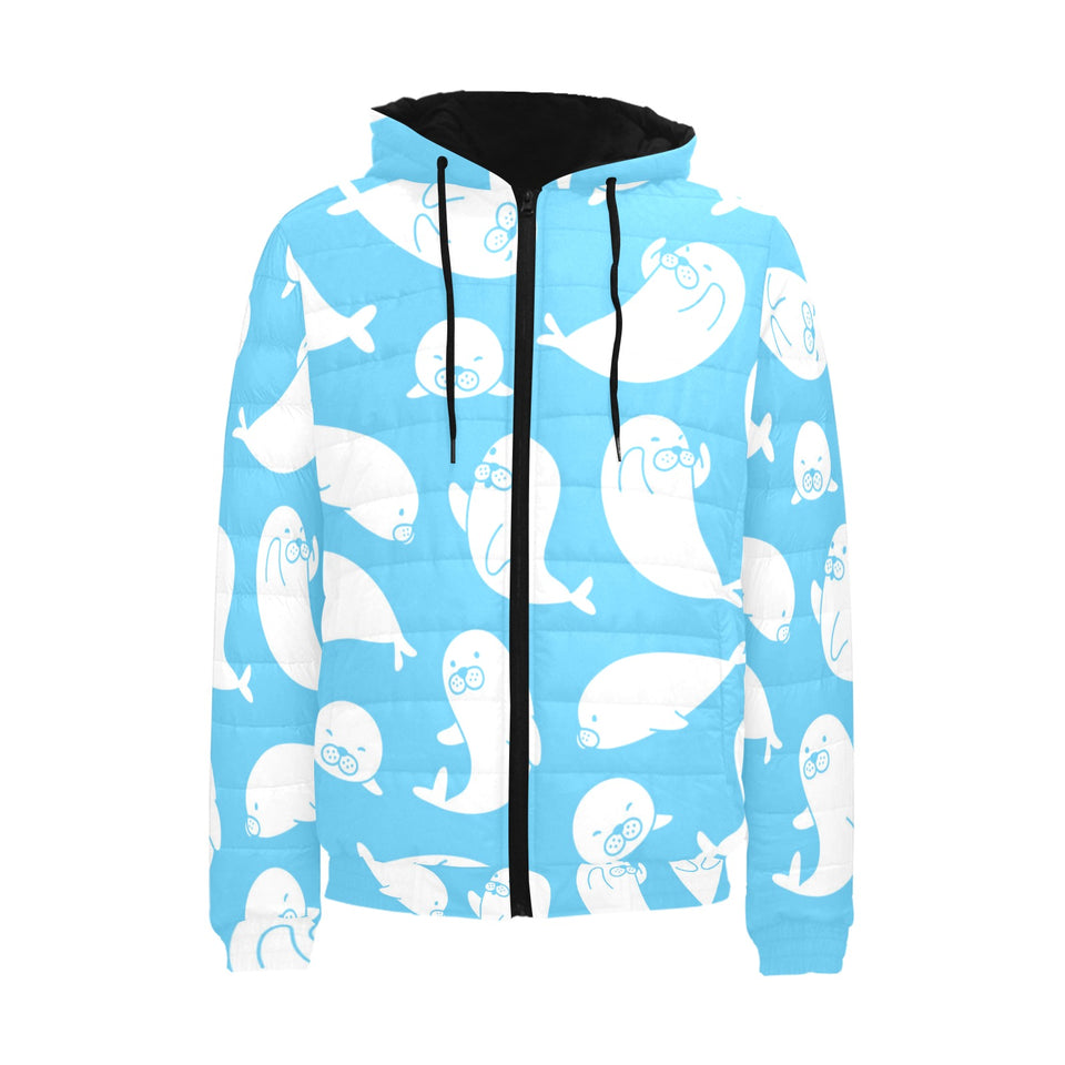 Cute white sea lion seals pattern Men's Padded Hooded Jacket