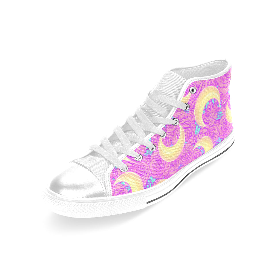 Moon pink rose background Women's High Top Canvas Shoes White