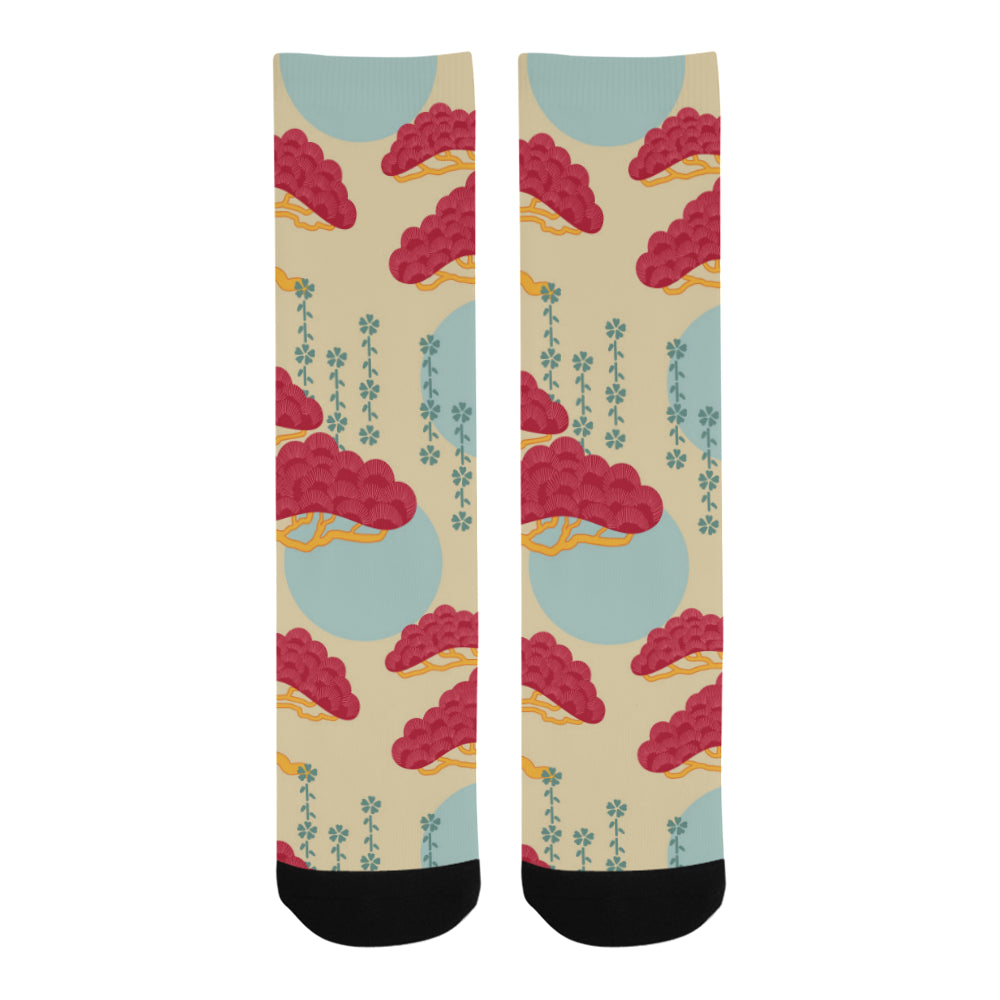 Red Bonsai gray sun japanese pattern Crew Socks