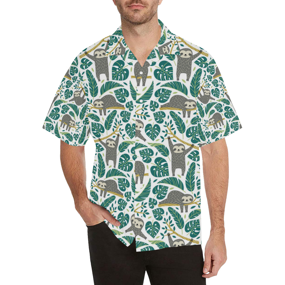 Cute sloths tropical palm leaves white background Men's All Over Print Hawaiian Shirt