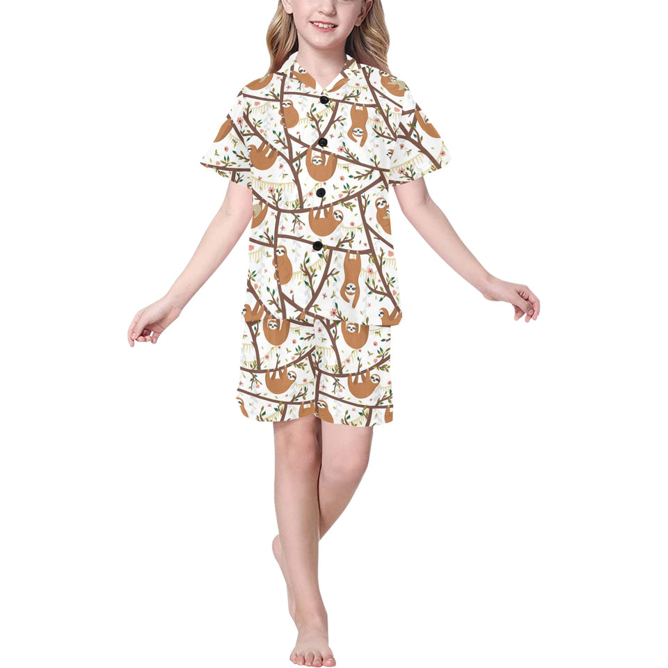 Sloths hanging on the tree pattern Kids' Boys' Girls' V-Neck Short Pajama Set
