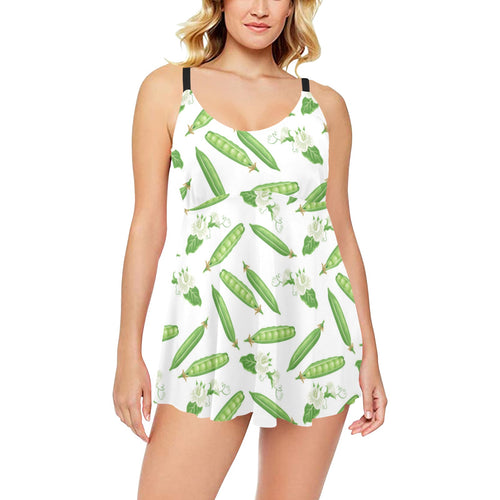 Green Peas Pattern Print Design 04 Chest Sexy Pleated Two Piece Swim Dress