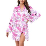 Pink flamingo flower pattern Women's Long Sleeve Belted Night Robe