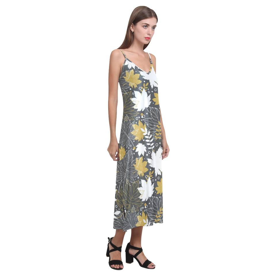 Beautiful gold autumn maple leaf pattern V-Neck Open Fork Long Dress