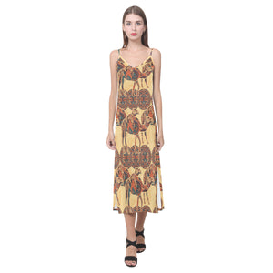 Camel polynesian tribal design pattern V-Neck Open Fork Long Dress